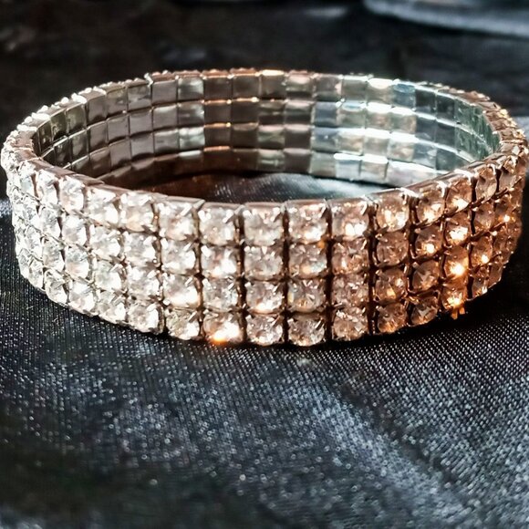 Chic & Stunning Clear Rhinestone 4-Row Stretch Glamorous Bling Cuff Bracelet - Picture 6 of 10
